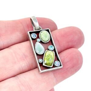Vintage Silver Plate Blue Green Glass Crystal Rhinestone Modernist Pendant